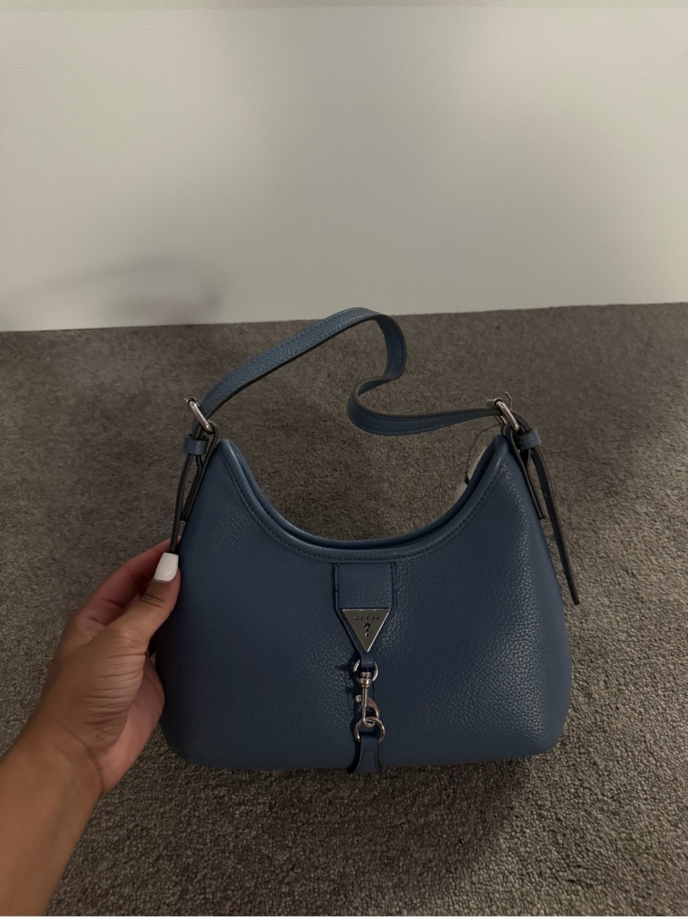 Guess Blue Pebbled Shoulder Bag with Silver Hardware